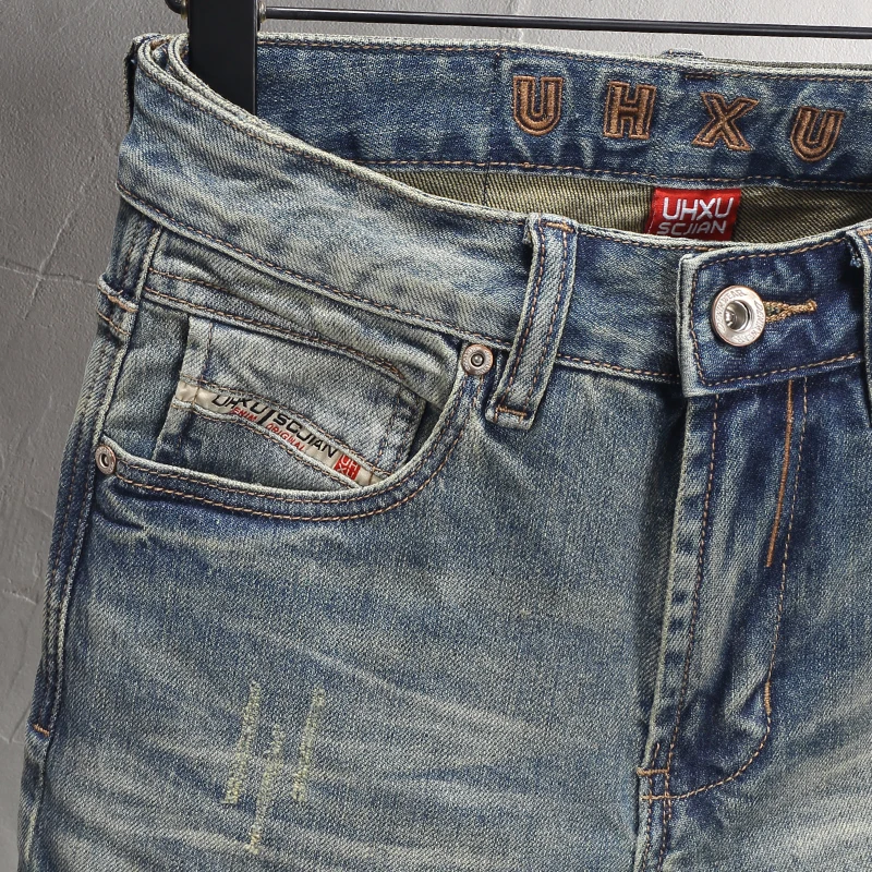 Street Fashion Retro Blue Men's Jeans Elastic Slim Fit Split Jeans Emblem Designer Hip Hop Brand Pants
