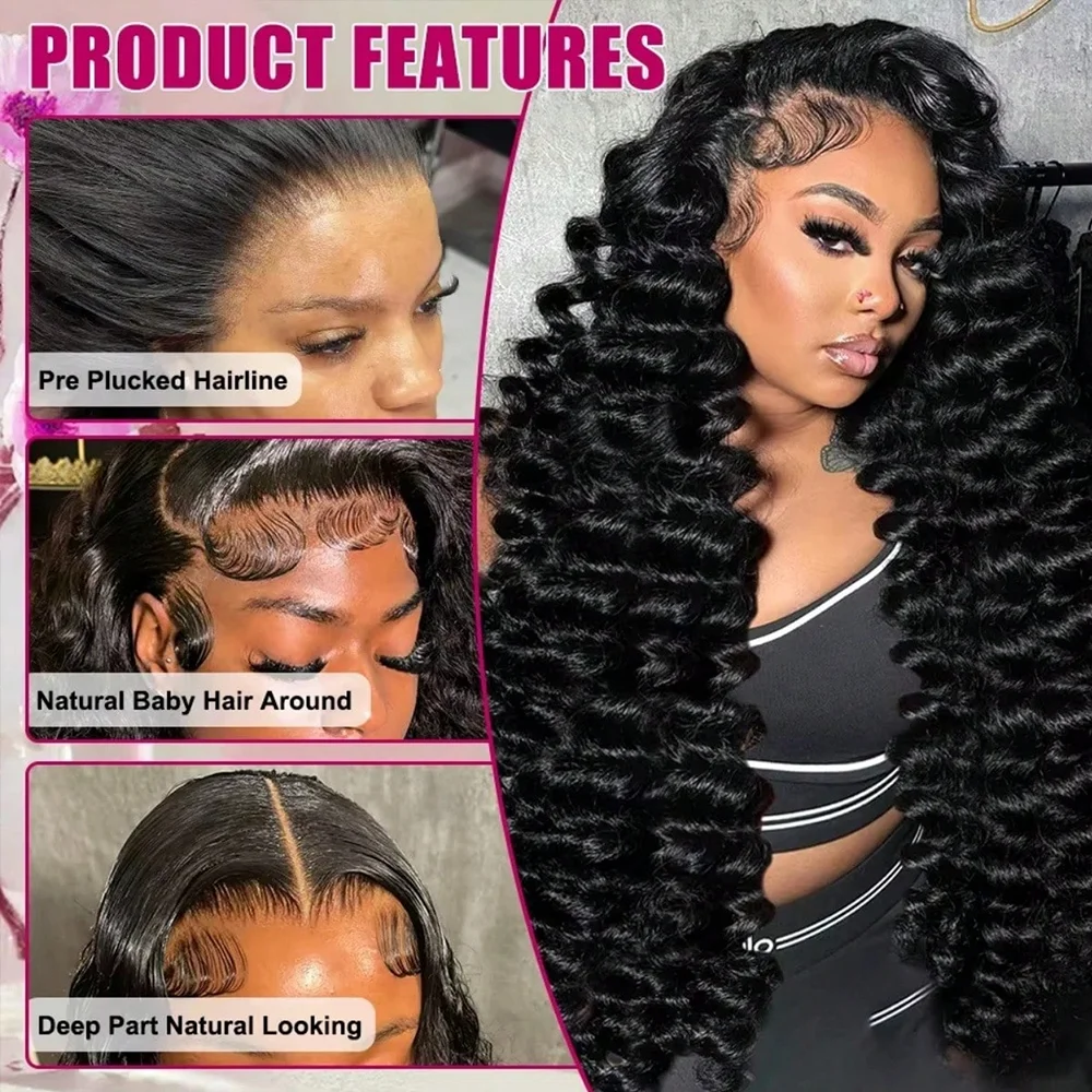 Perruques Lace Front Deep Wave de 40 pouces en cheveux humains, aspect naturel, densité 250%, bouclées, pré-épilées, pour femmes, prêtes à porter