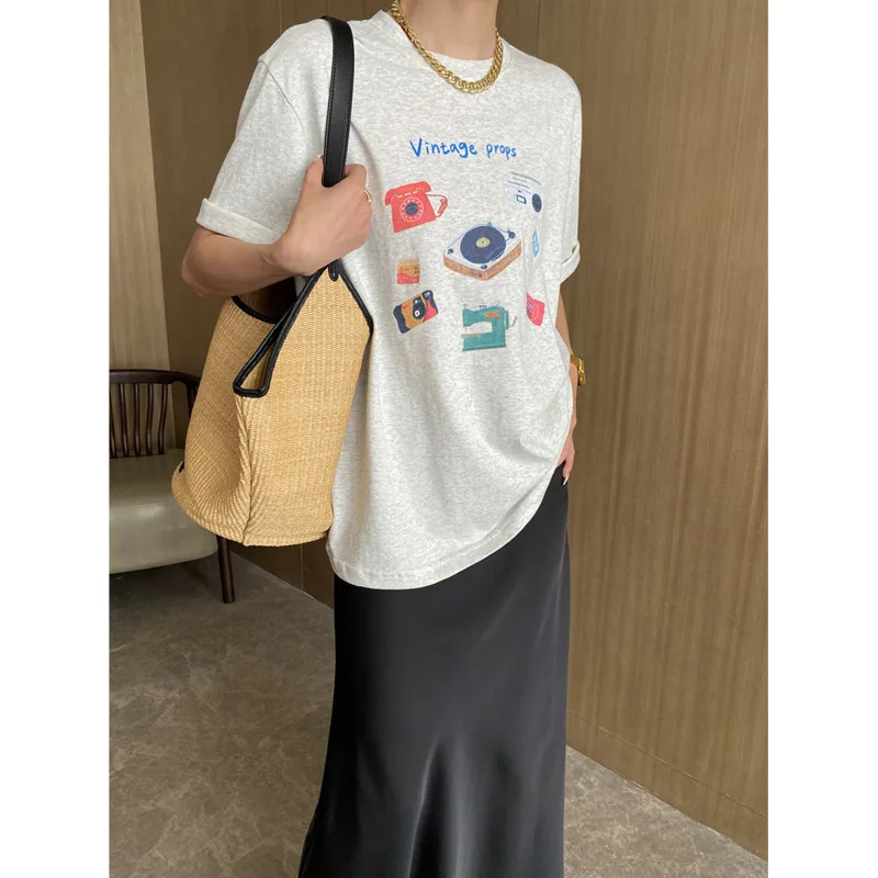 

Summer Vintage Print Casual T-shirt Women Loose Round Neck Short Sleeve Tops