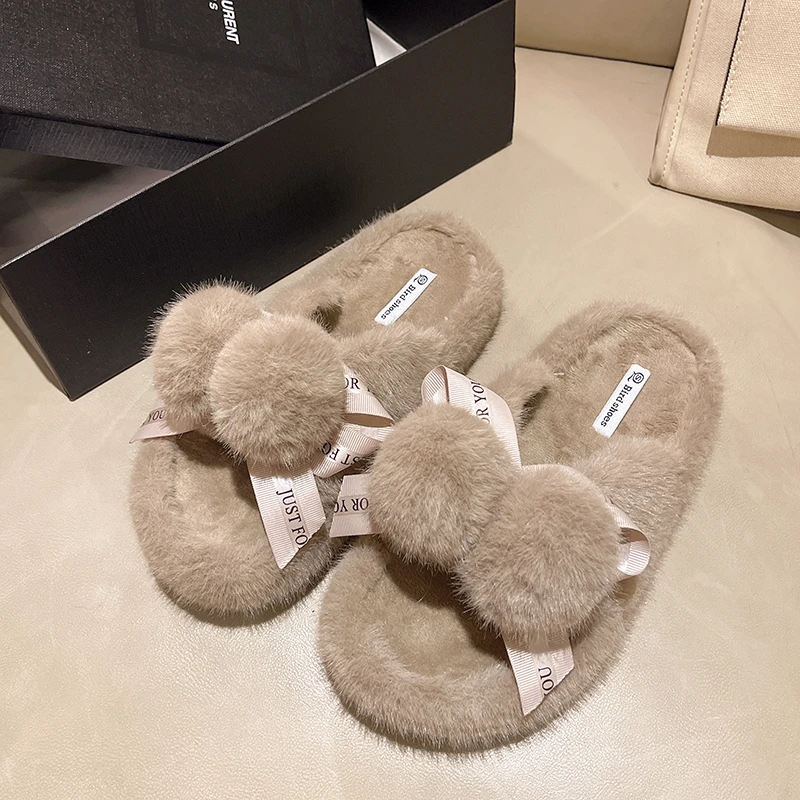 

Милая плюшевая теплая одежда с бантом на плоской подошве с открытым носком Домашняя мода все удобные нескользящие дышащие износостойкие женские хлопковые