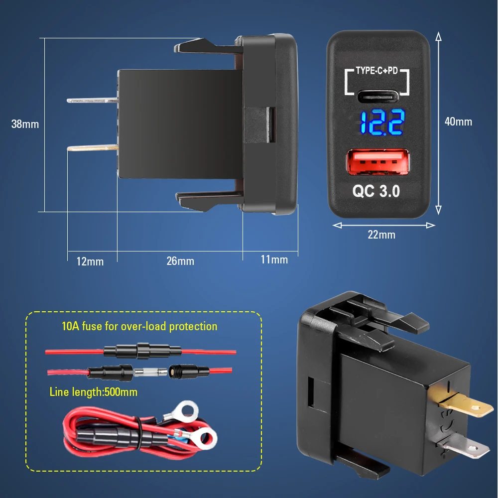 Car Charger Socket Dual USB Fast with Voltage Display