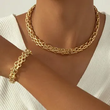 Conjunto de 2 peças de corrente de ligação dourada, colar, pulseira punk, corrente de ligação grande, dubai, áfrica, festa, conjunto de joias, presente para mulheres 1