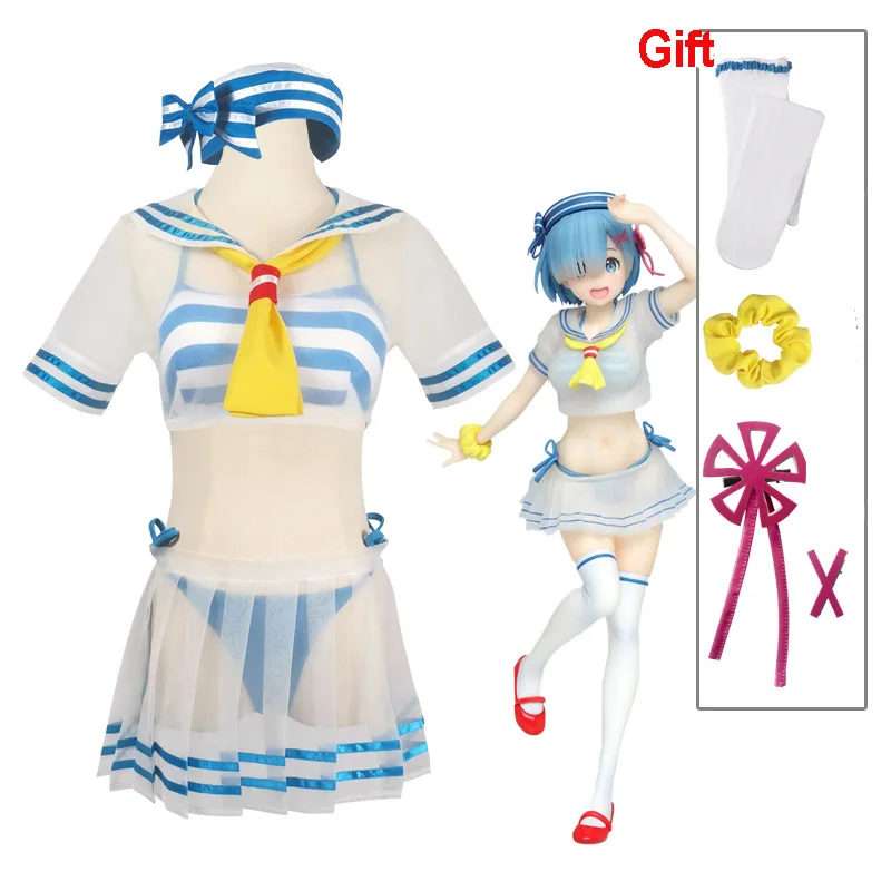 

Anime Re:Life In A Different World From Zero Rem Cosplay Costume Girl Wig Sailor Suit Cute Swimsuit Top Skirt Costumes Sexy Suit