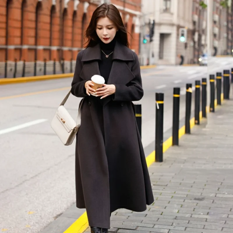 

Woolen Jacket Women's Overcoat Korean Loose Mid-Length Belt Casual Wool Windbreakers 2024 New Fall/Winter Oversize Woolen Coat