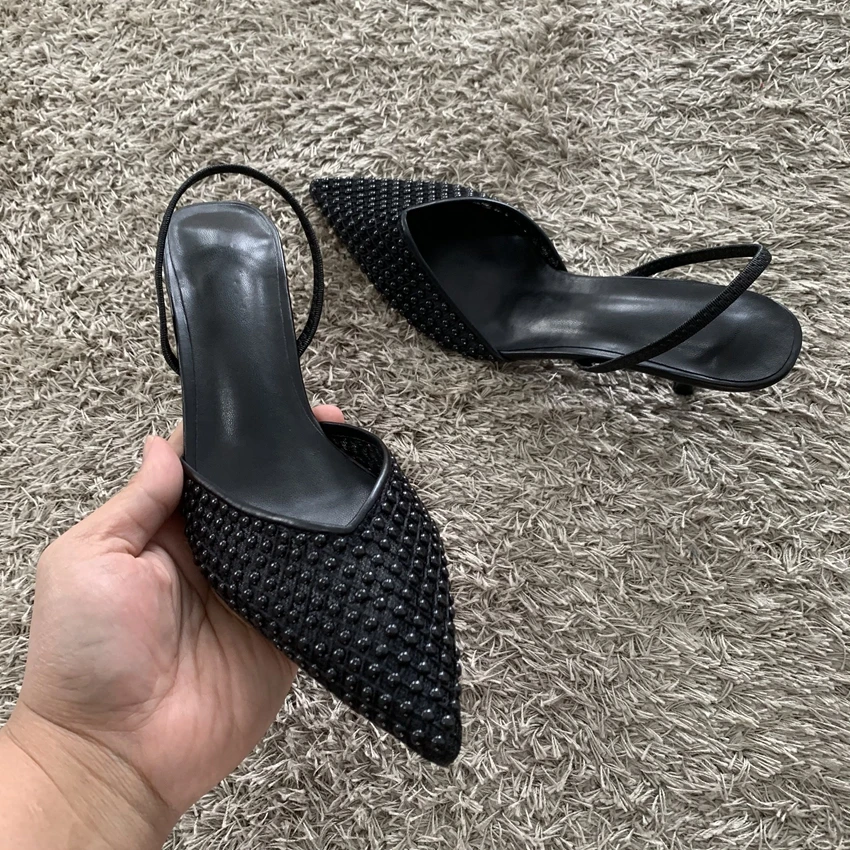 Mesh Marken-Sandalen Damen Pumps Spitze Elegante Slingback High Heels Damen Perlenbesetzte Designer Party Hochzeit Kleid Schuhe – Detail 10
