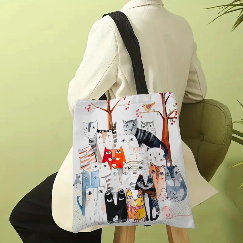 Summer Travel Beach Shoulder Bag, Reusable Grocery Shopping Bag, Many Cats Painting Tote Bag 2
