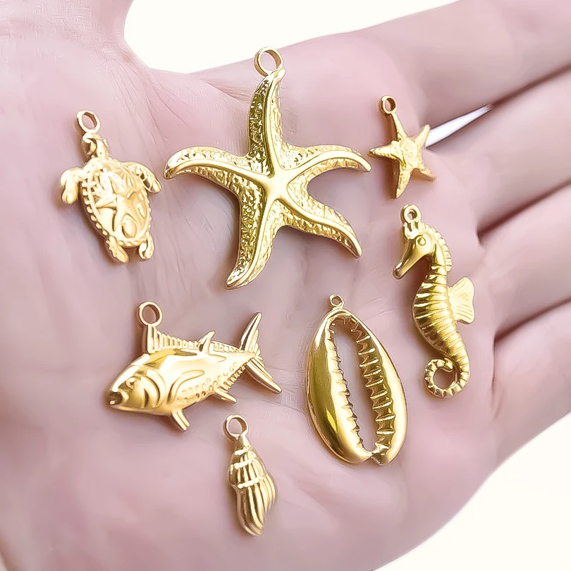 Real Gold Plated Ocean Animal Charms 6pcs For Jewelry Making Stainless Steel Charm Pendant