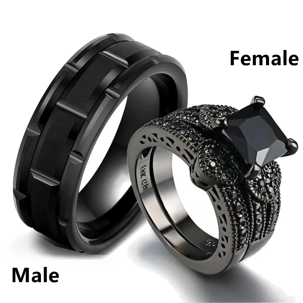 Womens Ring Couple Rings Finger Rings Jewelry Rings Ring Jewelry Fashion Jewelry for Lover Gifts Couple Rings for Women Black Rhinestone Female Rings Set Men Stainless Steel Ring Set