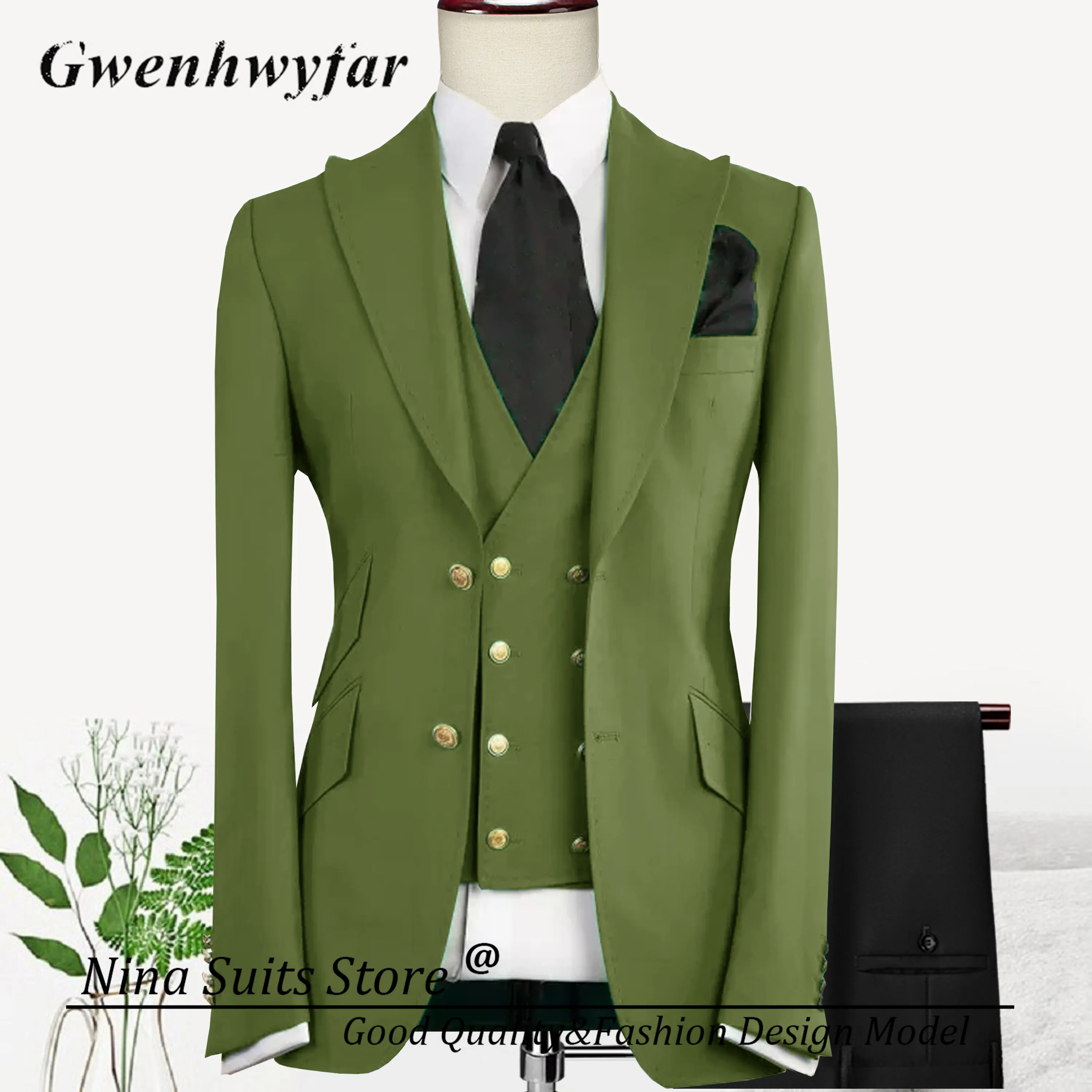 Nina Store Wedding/Business Olive Green Formal Suits Men Solid Homme Costume High Quality Fashion Male Blazer Vest Pants Set