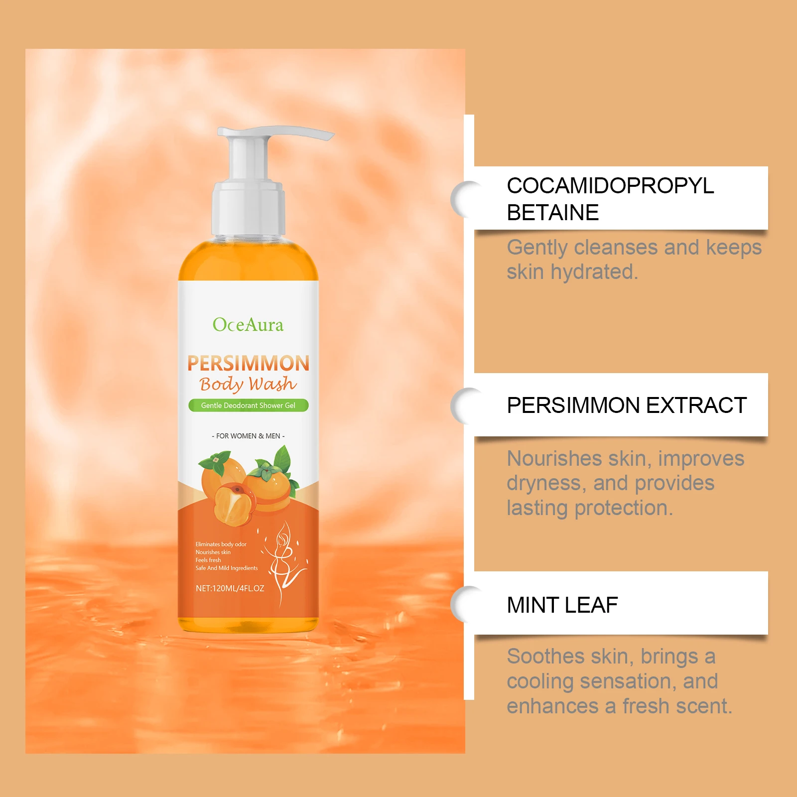 OCEAURA Persimmon Deodorizing Shower Gel Odor Remover Sweat Stains Body Cleaning Lasting Fragrance Smoothing Nourish Body Wash