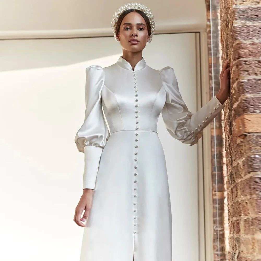 Muslim Ivory A-line Wedding Dresses O-Neck Floor Length Applique Lace Full Draped Pleat Tulle Brideing Dresses robe de mariée 3