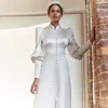 Muslim Ivory A-line Wedding Dresses O-Neck Floor Length Applique Lace Full Draped Pleat Tulle Brideing Dresses robe de mariée 3