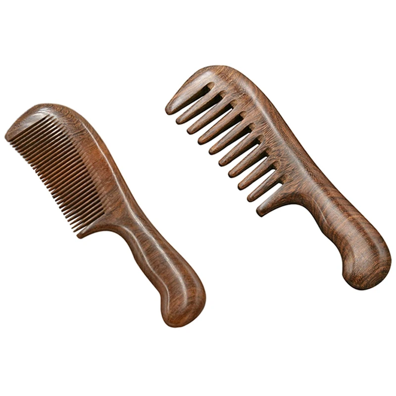 

2Pcs Sandalwood Wide Tooth Comb Curly Hair Portable Coarse Tooth Wooden Comb Hair Massage Tool, Fine & Coarse