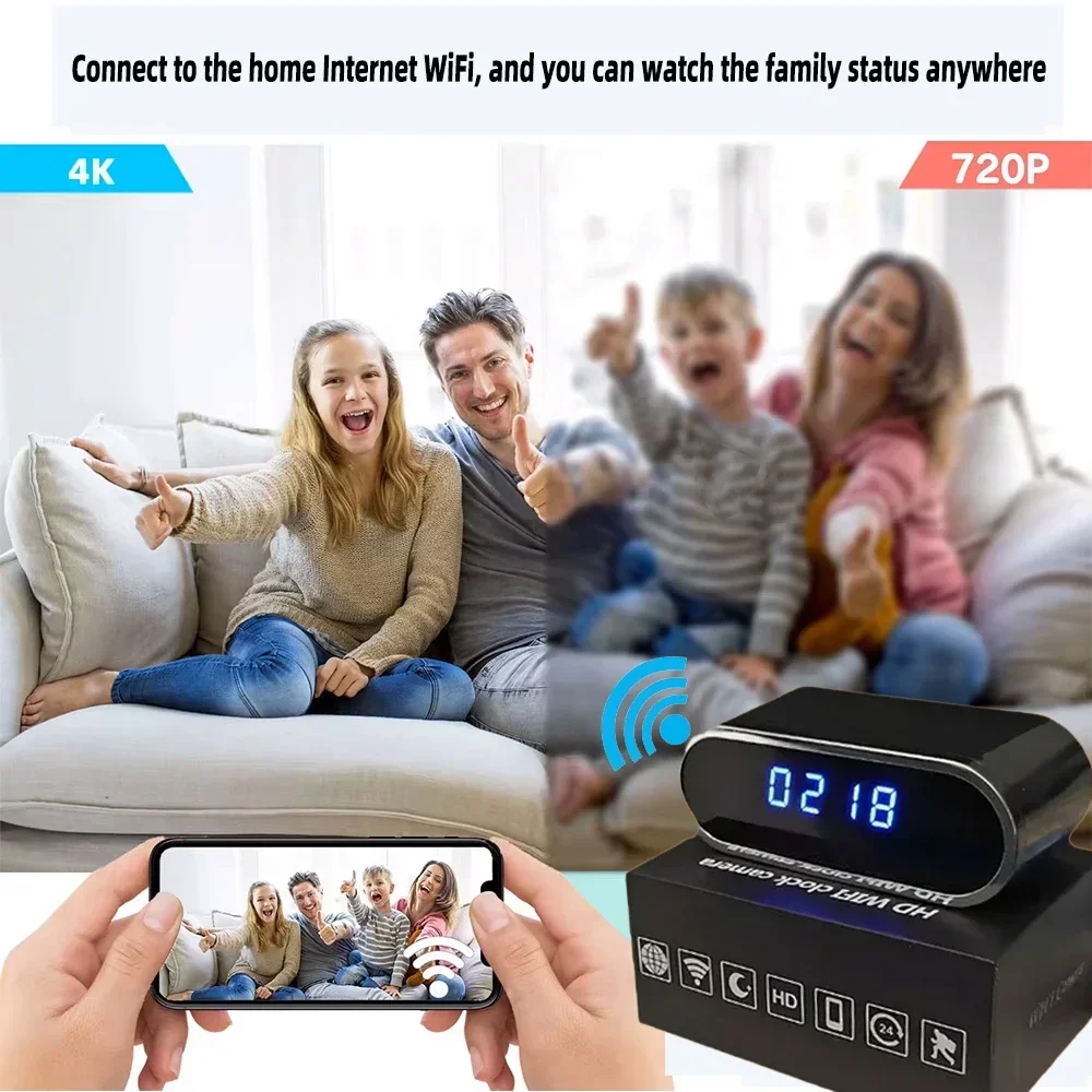 Improved 4KHD mini WiFi clock camera, supporting remote viewing, motion detection, infrared night vision, and home mini camera 4