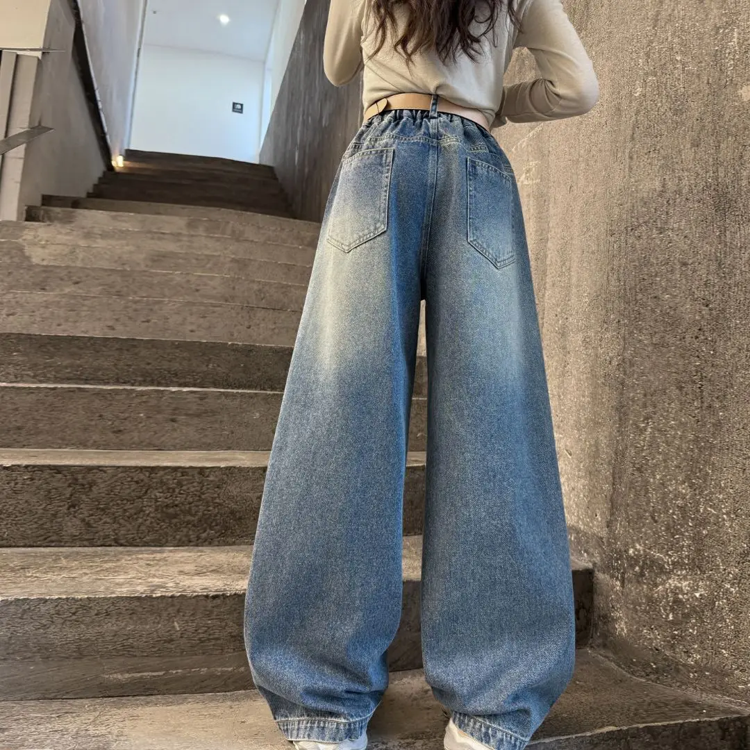 봄/가을 여아용 청바지 레트로 커브드 나이프 팬츠 10대 어린이용 따뜻한 두꺼운 루즈핏 스트레이트 와이드 팬츠 5 7 9 11 13 15세