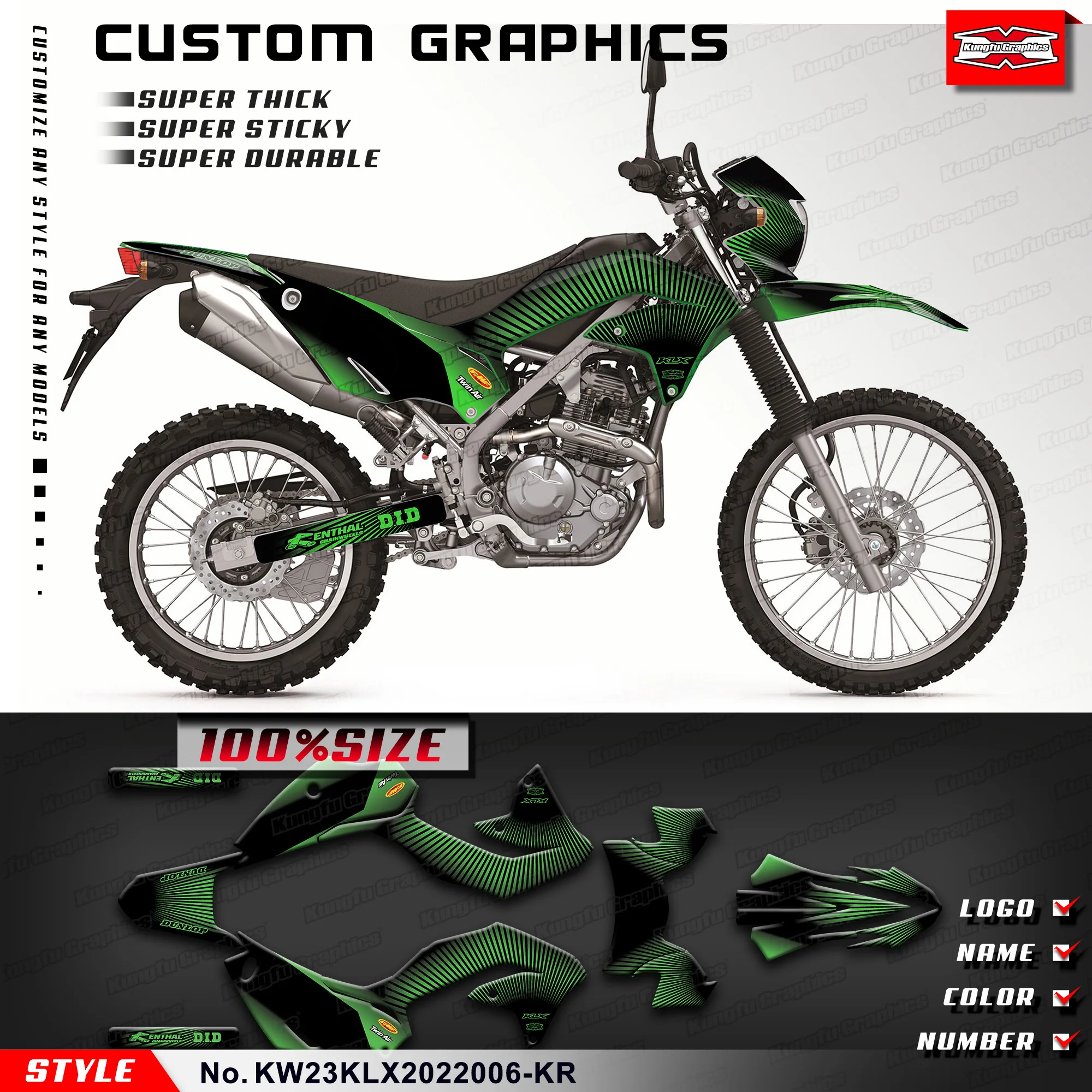 

KUNGFU, графическая клейкая наклейка, виниловый комплект для Kawasaki KLX230 2020 2021 2022, KW23KLX2022006-KR