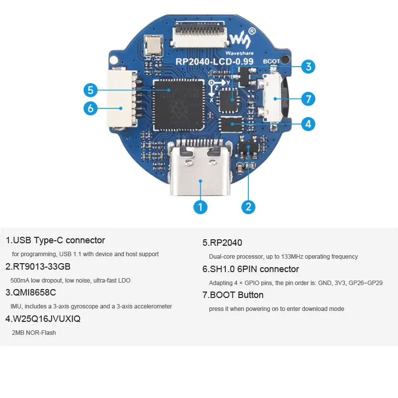 ����� ���� RP2040 ģ, 0.99 ��ġ ���� LCD ���÷��� ��ũ��, 6 �� ����, �µ� ����, 128 �� 115 �ȼ�, 2MB �÷���, 264KB SRAM