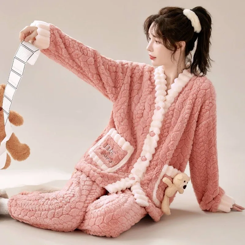 Sleepwear Autumn Winter Women Thickened Fleece-Lined Sweet Flowers V-neck Pajamas Set Warm Coral Fleece Female Home Wear Suit