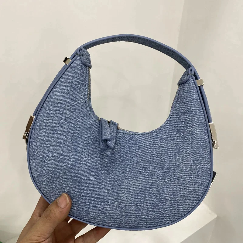 

Fashion Denim Half Moon Bags For Women Luxury Designer Handbag And Purse 2023 New In Sequined Lock Decoration Small Shoulder Bag