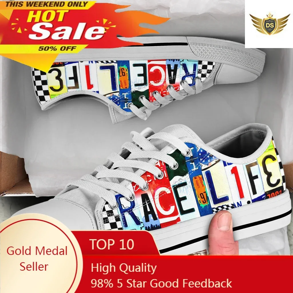 License Plate Racing Girl Women's Fashion Vulcanized Shoes Low Top Canvas Safety Tennis Shoes Comfortable Sneakers
