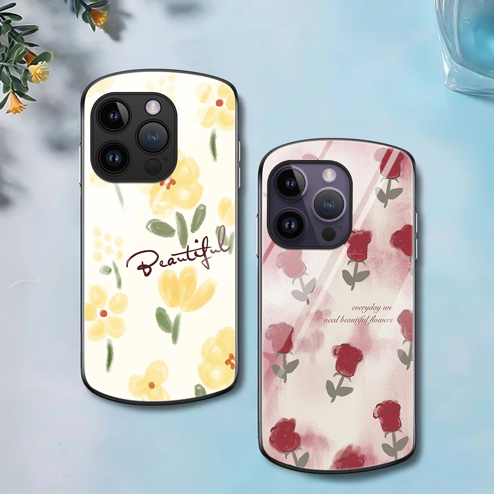 

Graffiti Flower Phone Case for iPhone 15 14 Pro 12 11Max Mini XR XSMax 7 8 Plus SE Oval Tempered Glass Back Cover for iPhone 13