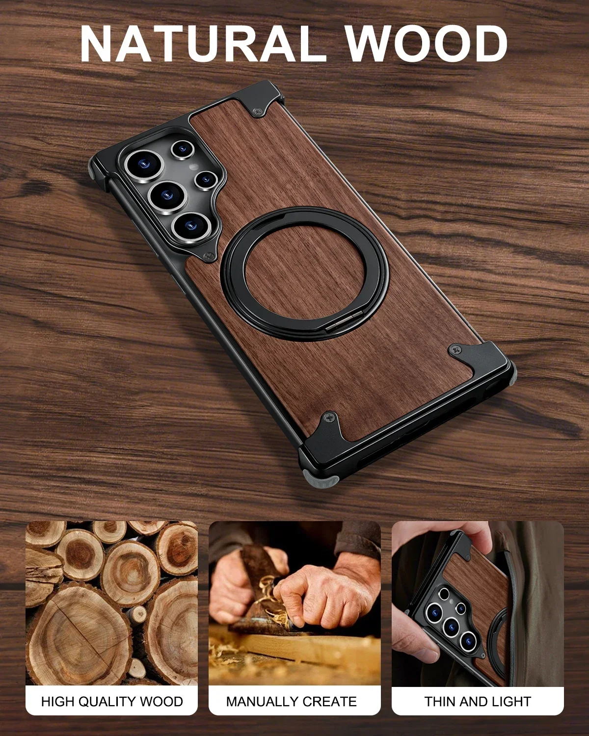 Eary Solid Wood for Samsung Galaxy S25 S24 Ultra Case with Magsafe 360°Rotation Kickstand Magnetic Stand Frameless Design Bumper