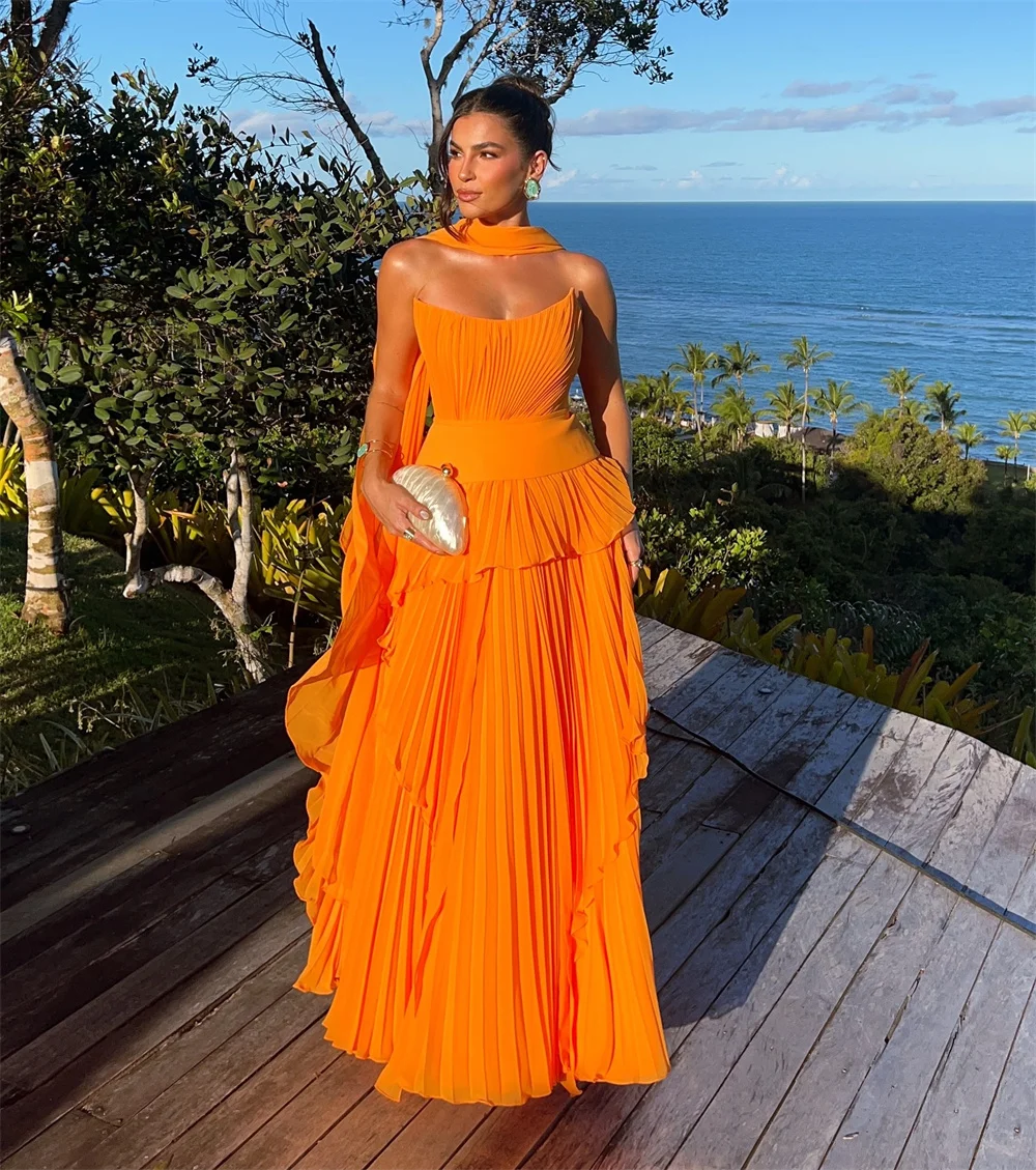 Cathy Customize Orange Draped Chiffon A-line Prom Dress Simple Strapless vestidos de noiva Floor-length Evening Dresses 2025 - Image 5