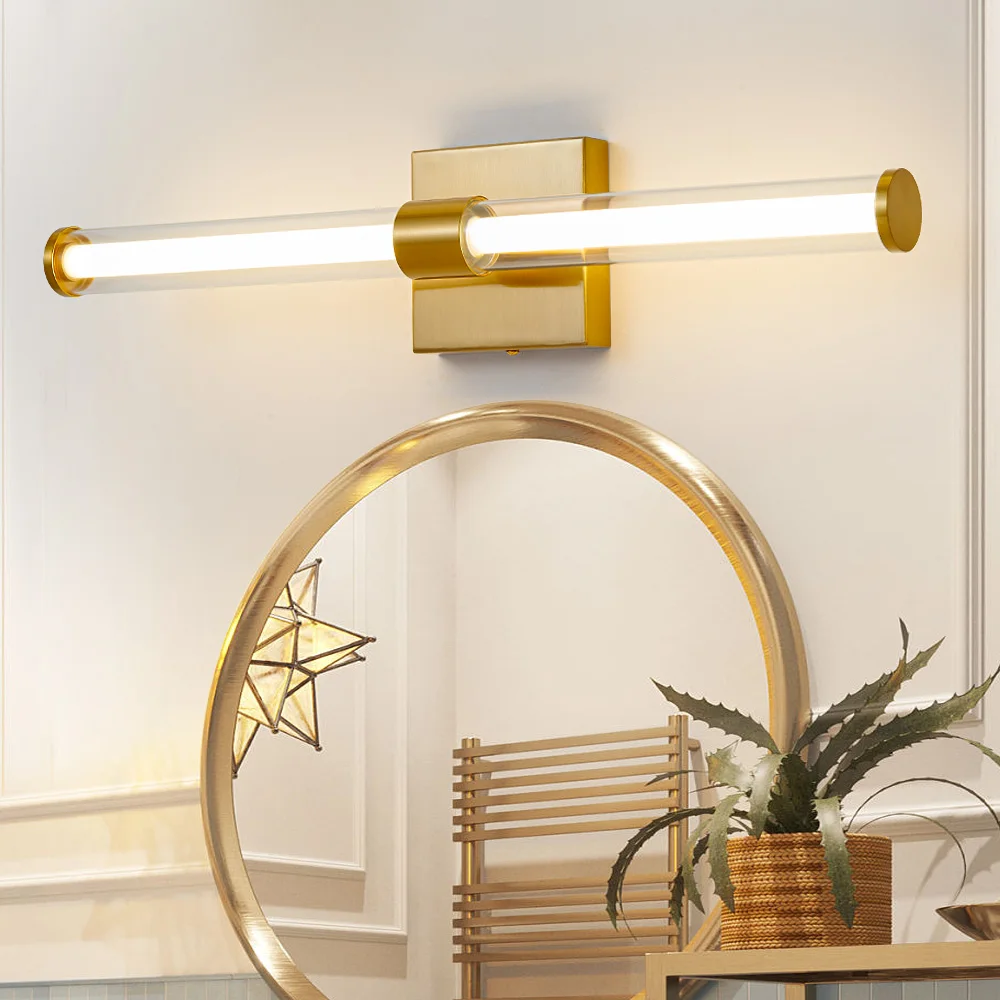 FSS LED Brass Wall Sconce Over Mirror with Clear Glass Shade 360