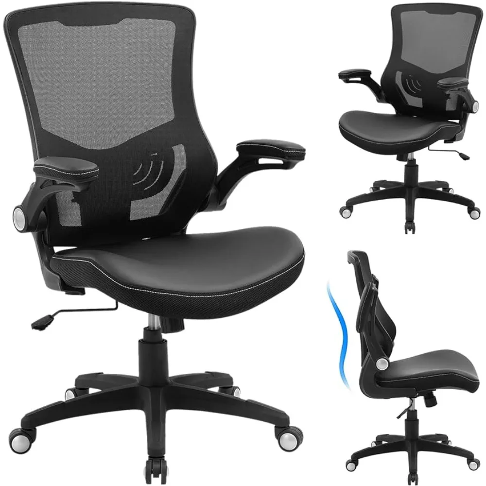 Computer PU Leather Home Office Chair, Swivel Mesh Back Adjustable Lumbar Support Flip-up Arms freight free