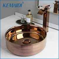 Kemaidi อ่างล้างจานทองคำสีกุหลาบ14.4นิ้วพร้อมก๊อกอ่างล้างจานเซรามิคอ่างล้างหน้าเหนือเคาน์เตอร์ห้องน้ำชุดก๊อกสำหรับอ่างล้างจาน 1