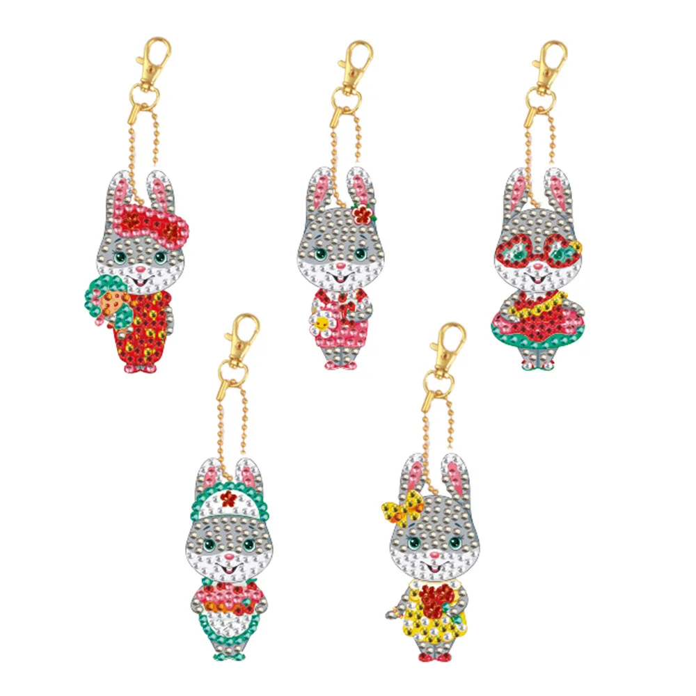 5Pcs DIY Diamond Painting Keychain Pendant Easter Cartoon Animal Rabbit Cat Embroidery Astronaut Keyring Woman Bag Decoration 