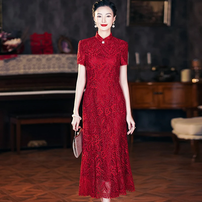 

Yourqipao Mother of The Bride Cheongsam Dress for Wedding Party Lace Chinese Traditional Dress Prom Evening Gowns Mae Da Noiva