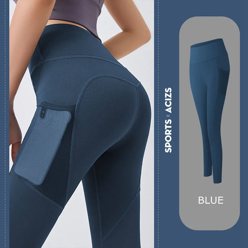 Hip Leggings Ladies High Waist Yoga Pants Long Nylon Fitness Leggings Workout Clothes Mobile Phone Storage Pockets Running
