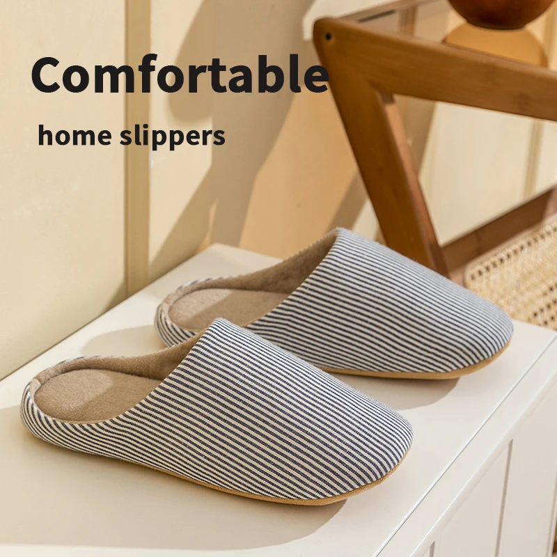 Women's House Stripes Slippers for Spring Autumn Non-Slip Soft Sole Indoor Slides, Cozy Floor Shoes,Quiet Bedroom Soft Slippers - 3