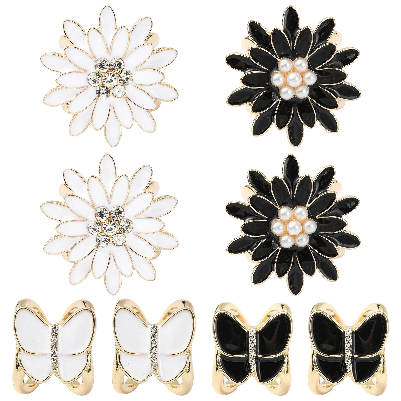 8 Stück schwarz-weiße Schmetterlings-Gänseblümchen-Schal-Clip-Ring, Emaille-Schal-Ringe, Metall-Schal-Schnallenringe für Kleidung, Dekoration, Zubehör