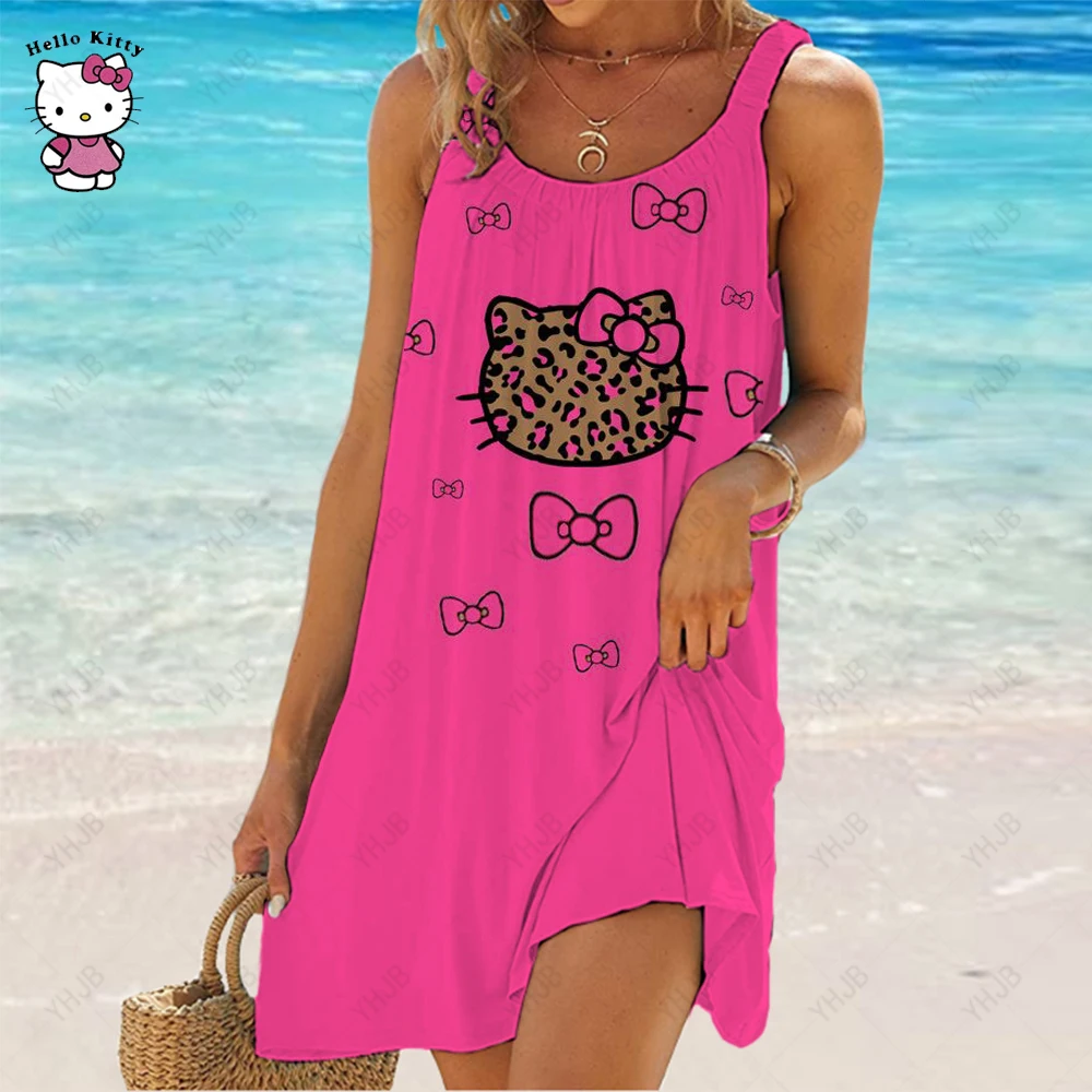 

2023 New Hello Kitty Print Beach Skirt Loose Sun Skirt Sleeveless Sexy Women's Dress Summer Beach Skirt Casual Loose Strap Dress