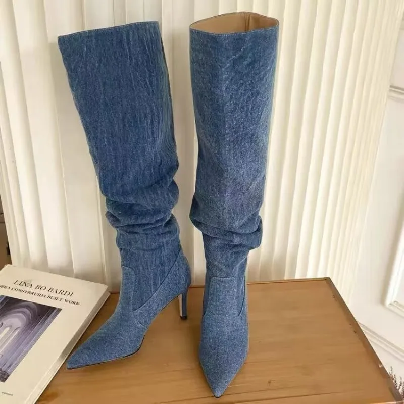 

Street Fashion Cowboy Boots for Women 2023 New Pointed Toe Women's Boots Blue Denim High Heels Mid-calf Boots Zapatos De Mujer