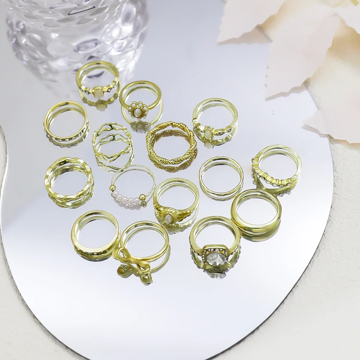 15pcs/Set Fashion Gold Rings With Bow, Flower, Leaf And Faux Pearl Designs, Suitable For Women's Daily Wear Jewelry Accessories 5