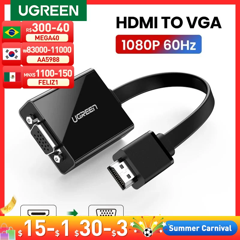 

Адаптер Ugreen с HDMI на VGA, конвертер с гнездового на штырьевой разъем для PS4, ТВ-бокса, ПК, 1080p, 3.5 Jack