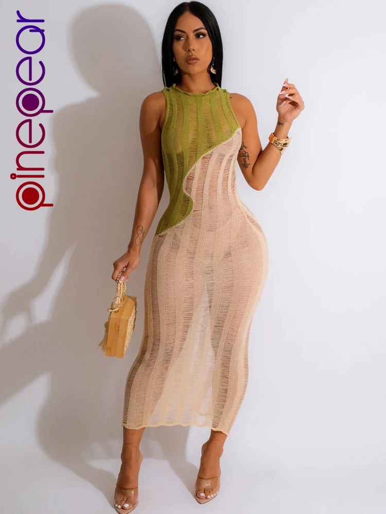 

PinePear Sexy Hollow Out Knitted Dress for Women Patchwork Crochet Beach Cover Up Beachwear Summer Vacation Party Dresses