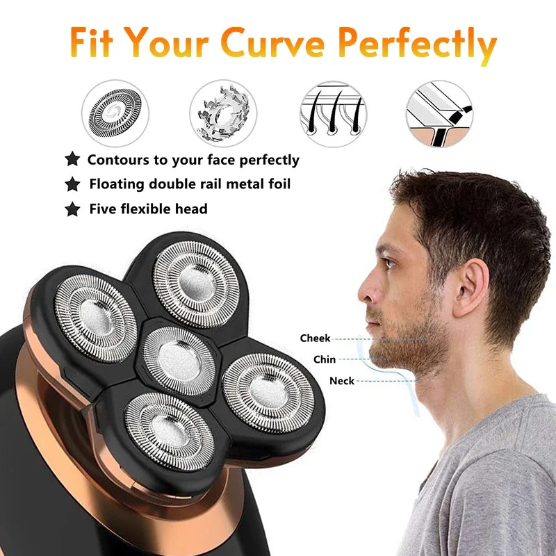 5 In 1 Electric Shaver For Men Bald Head Hair Clipper Nose Trimmer 5 Floating Blade Heads Shaving Beard Knife Rechargeable Razor 4