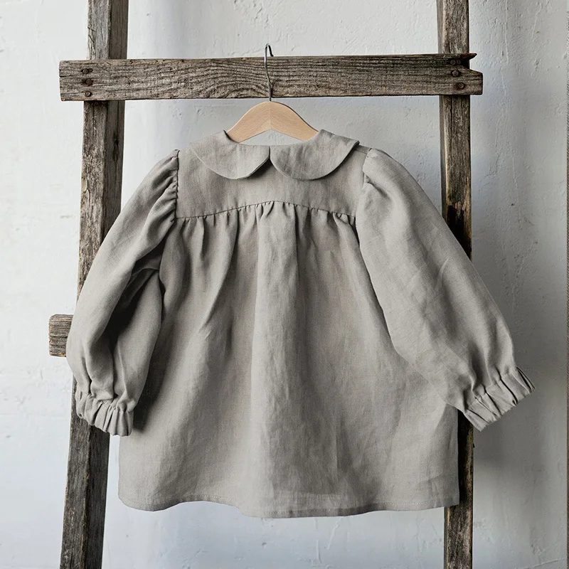 Autumn Retro Girls Long-Sleeve Cotton And Linen Shirts Buttons Baby Girl Casual Doll Collar Lantern Sleeve Tops TZ151 Kids Shirts