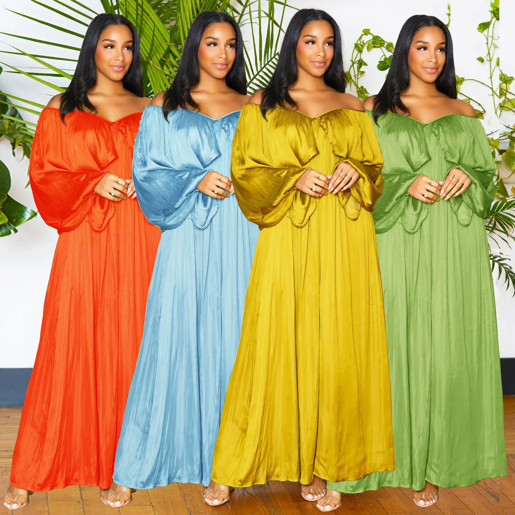

2023 Women's clothing dress chiffon solid color temperament off-shoulder flowing long skirt fashion sexy loose dress