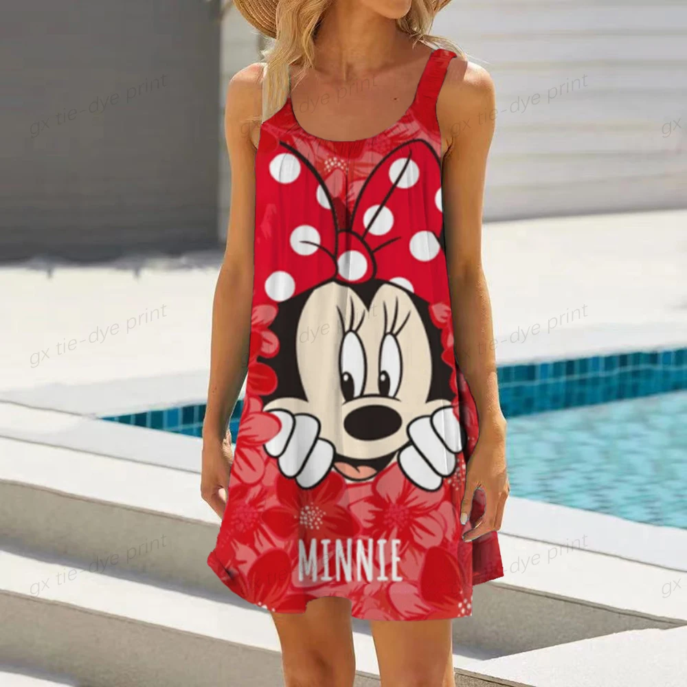 

2023 Summer Disney Minnie Mickey Mouse Womens Dress Short Beach 3D Printing Party Mini Anchor Sling Dress Sleeveless Sexy Dress