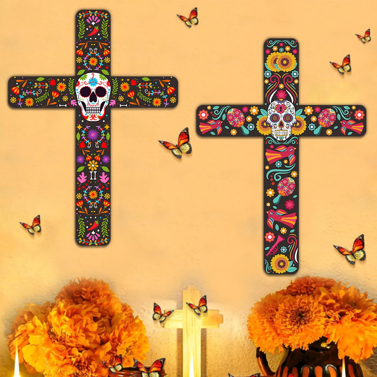 Mexico Day of the Dead Skull Cross Flower Skull Ghost Festival Decoration Death Day Cross Halloween Party Wall Decoration