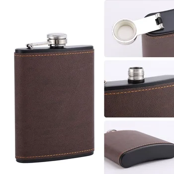 6/8oz Portable Hip Flask Brown Leather Covered Stainless Steel Flask for Alcohol Whiskey Flasks Man Gift 2