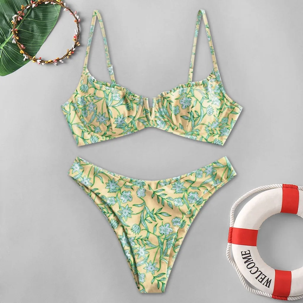 Beach Swimsuits Women Floral Printed Bikinis Set Push Up Bra Split Tankinis Set Summer 2pcs Sexy Bikinis Female Boho Beachwear