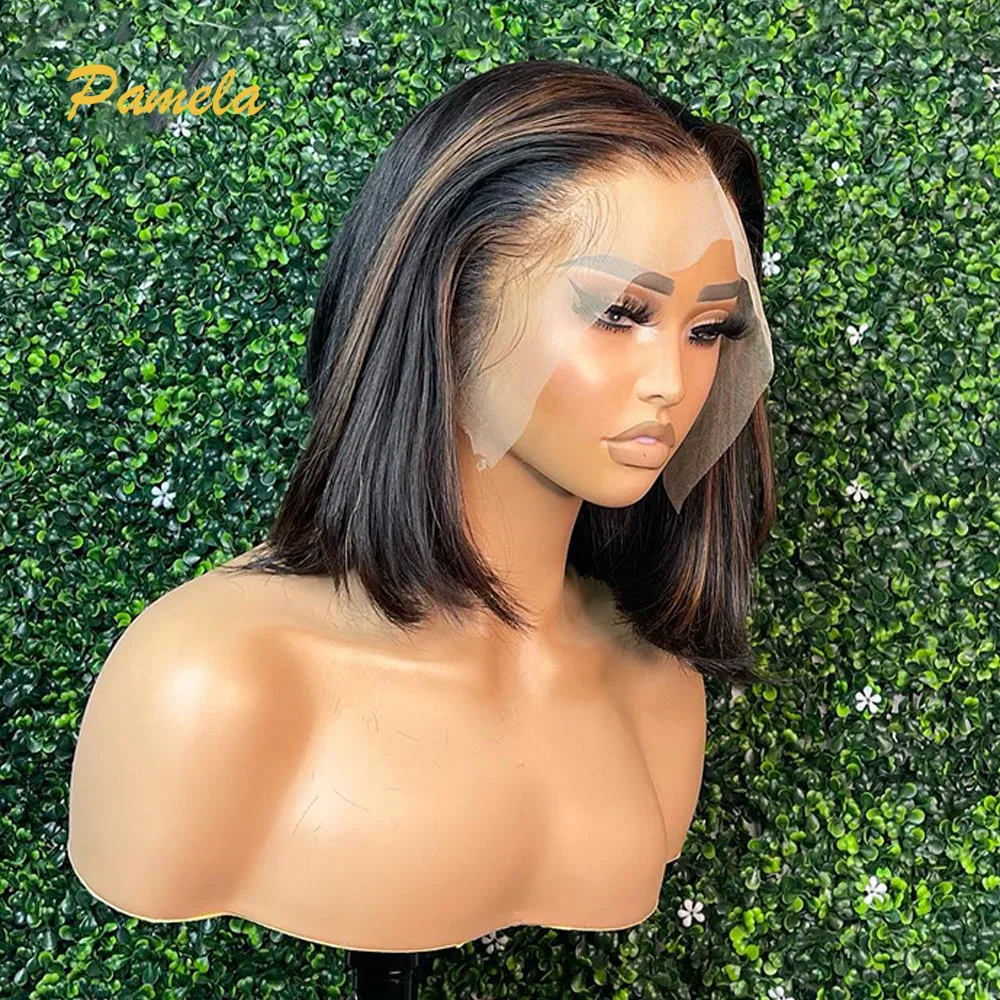 Bone Straight 250% Density 13x4 Short Bob Brown Transparent Lace Frontal Human Hair Glueless Wigs Preplucked Ready To Wear
