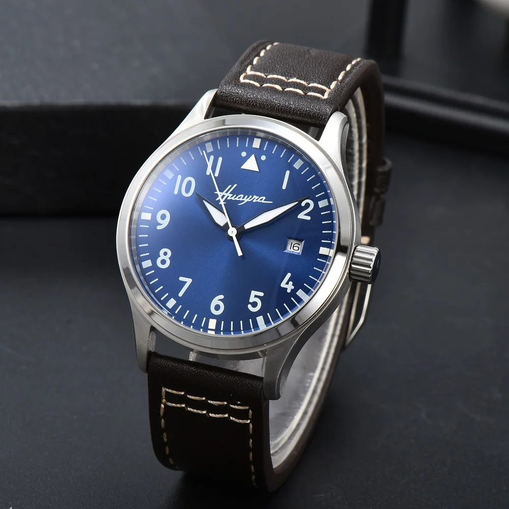 HUAYRA New Blue Dial Men's ST16 Mechanical Automatic Flight Watch Leather Brown Black 40MM Stainless Steel Watch Date