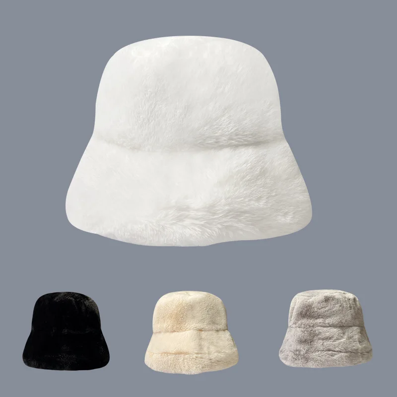 Winter Plush Bucket Hats for Women Outdoor Thick Warm Panama Cap Solid Leopard Soft Faux Fur Lady Girls Fisherman Sun Hats Hot